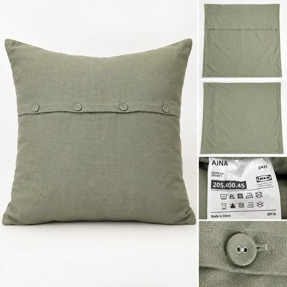 IKEA AINA 26” x 26” Sage Green 100% Linen Pillow Cover Button Closure
